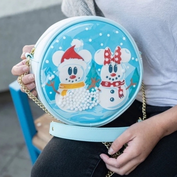 LOUNGEFLY Disney Snowman Mickey Minnie Snow Globe Crossbody NWT - Picture 7 of 7